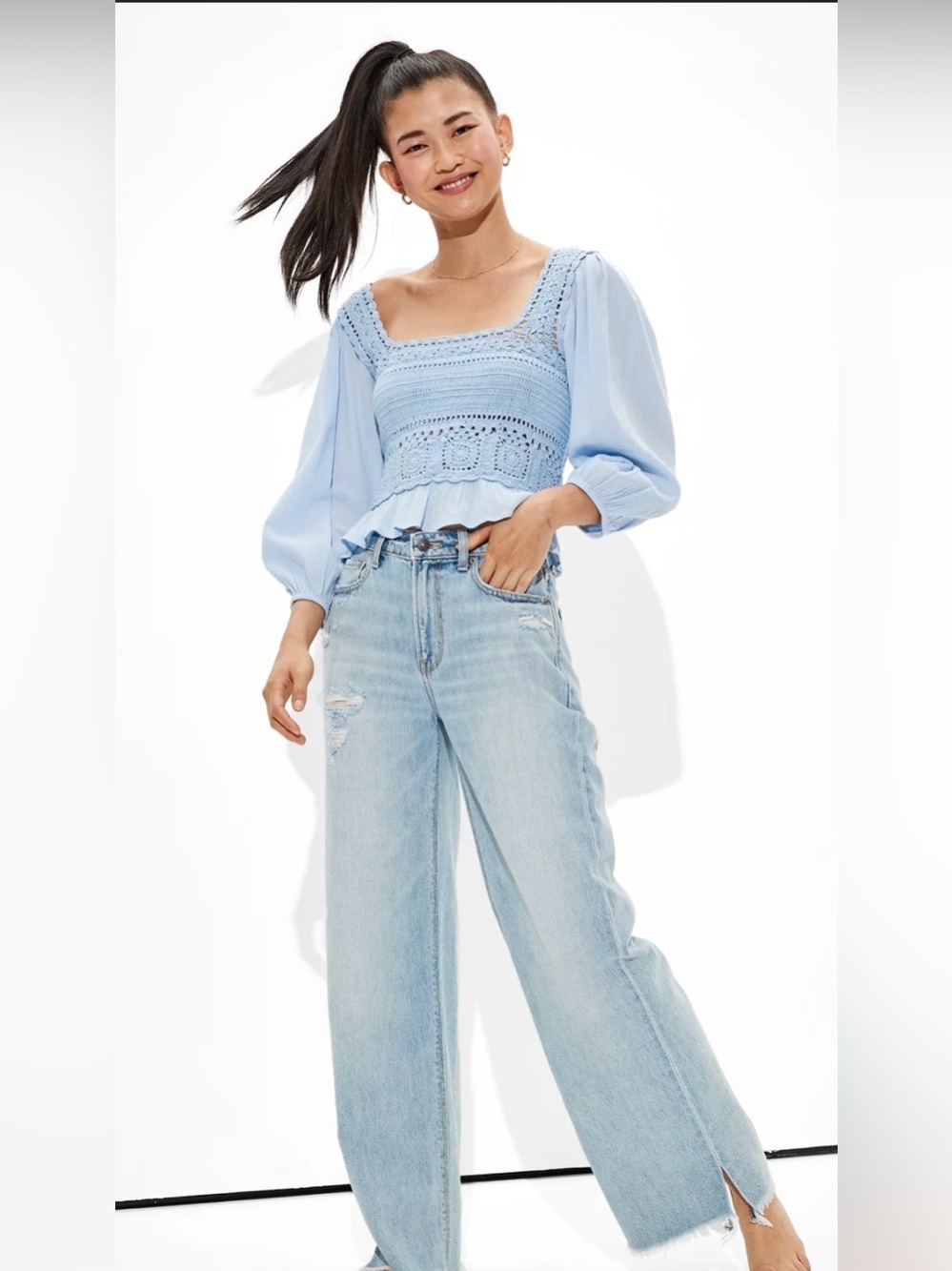 American Eagle size Medium Light Blue Cottagecore Crochet Peasant Boho Blouse